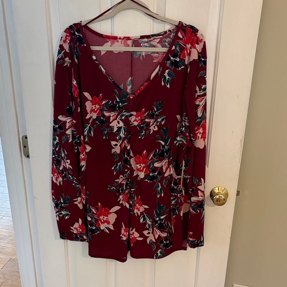 EVRI Burgundy Floral V-Neck Long Sleeve Blouse